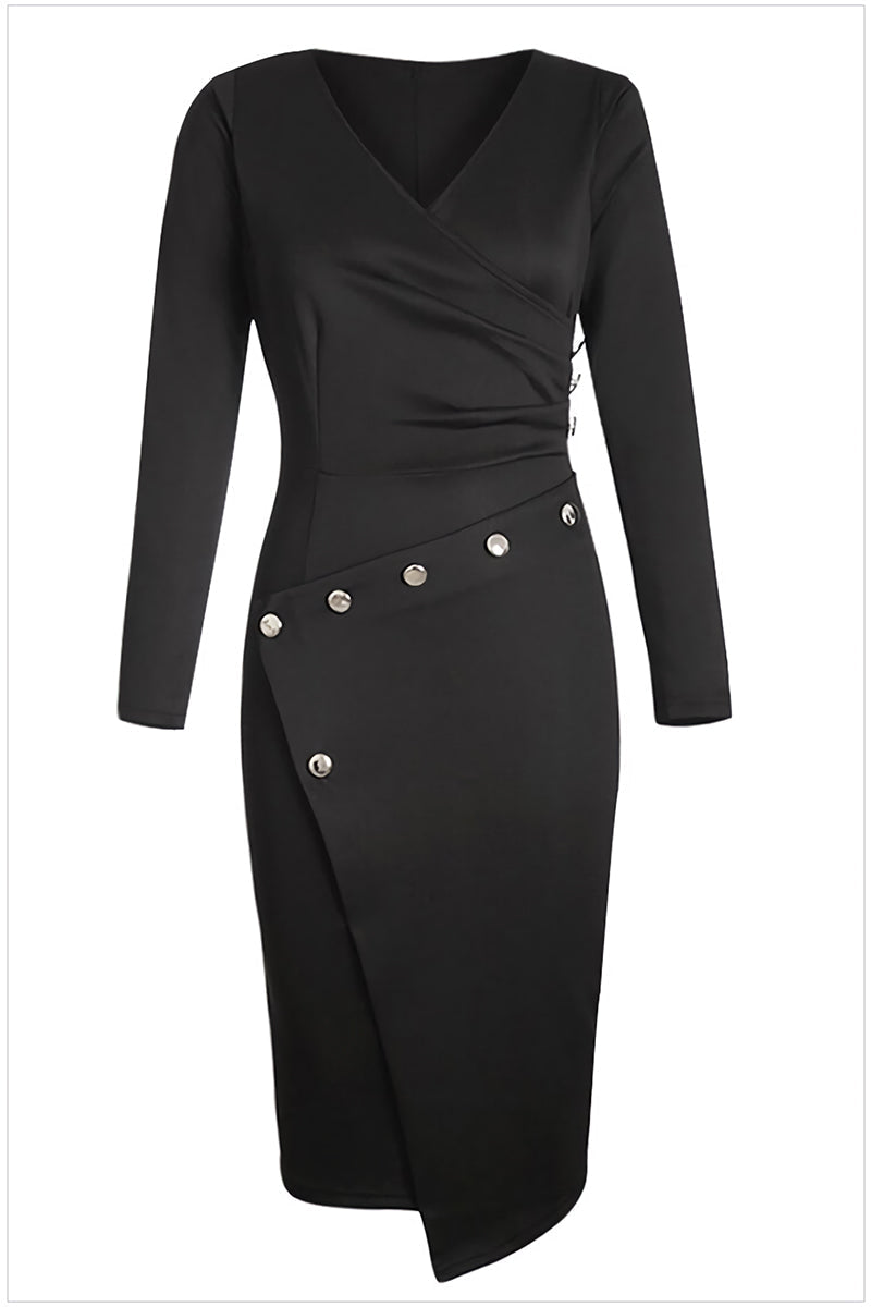 Slim-Fit V-Neck Pencil Dress with Buttons